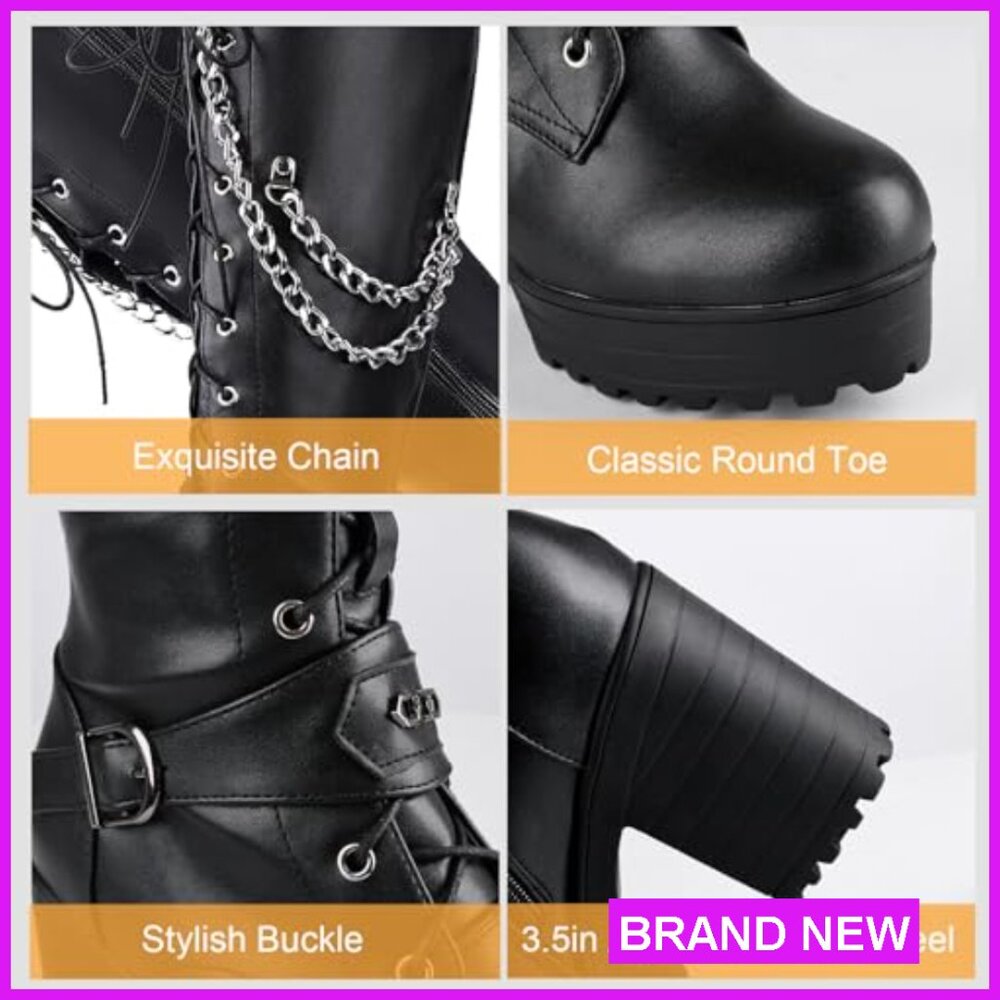 Knee High Combat Boots Platform Block Heels Lace Up Side Zipper Trendy - Picture 4 of 7